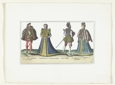 To kvinder og to mænd klædt sig efter mode i Nordrhein-Westfalen og Flandern, ca. 1580 Kostumer Bas-Allemands et Flamands (titel på objekt) af Anonymous