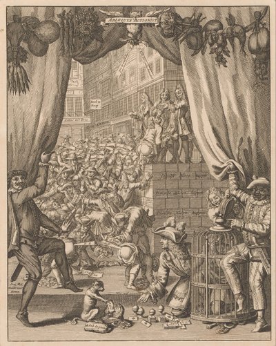 Forklaring af pladen Harlequin Actionist, 1720 Arlequyn Actionist (titel på objekt) Forklaring af Tytelplaat, for Arlequyn Actionist (titel på objekt) The Great Scene of Folly (serietitel) af Anonymous