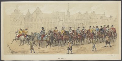 Utrecht maskerade, plade a: adelen, 1856 Adelen. (titel på objekt) The Founders of Dutch Freedom, (tid af William I) præsenteret af H.H. medlemmer af Utrechts studenterkorps i fejringen af ​​220-året for Utrechtsche Hooge af Anonymous