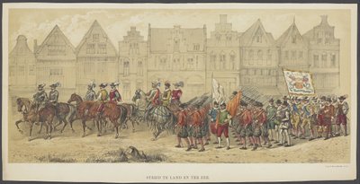 Utrecht Masquerade, plade b: kamp til lands og til vands, 1856 Kamp på land og hav (titel på objekt) The Founders of Dutch Freedom, (tid af William I) præsenteret af H.H. medlemmer af Utrecht studentkorps, til fejring af de 220 af Anonymous