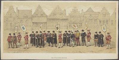 Utrecht Masquerade, plade c: Statsmænd, 1856 Statsmændene (titel på objekt) The Founders of Dutch Freedom, (tid af William I) præsenteret af H.H. medlemmer af Utrecht Student Corps, til fejring af 220-året for Utrecht University af Anonymous