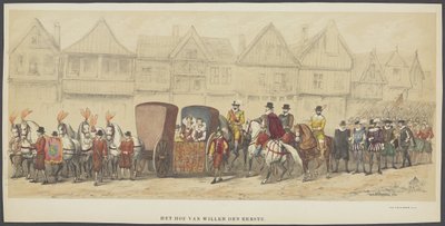 Utrecht maskerade, plade e: hoffet, 1856 The Court of William the First (titel på objekt) The Founders of Dutch Freedom, (tid af William I) præsenteret af H.H. medlemmer af Utrecht studentkorps, i anledning af 220 års jubilæet af Anonymous
