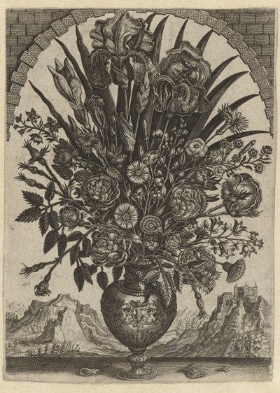 Vase med blomster i et buet vindue af Anonymous