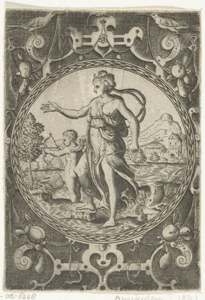 Venus og Amor Medaljoner med figurer fra Paris-dommen i en ramme af beslag med guirlander (serietitel) af Anonymous