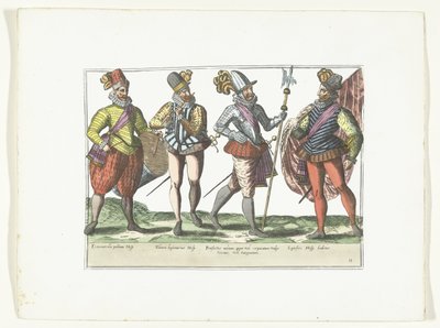 Fire spanske soldater i uniform, ca. 1580 Kostumer militære Espagnols (titel på objekt) af Anonymous
