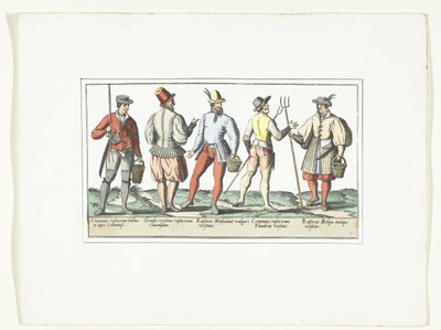 Fire bønder klædt i den nuværende mode og en i den gamle mode, ca. 1580 Modes Rustiques (titel på objekt) af Anonymous