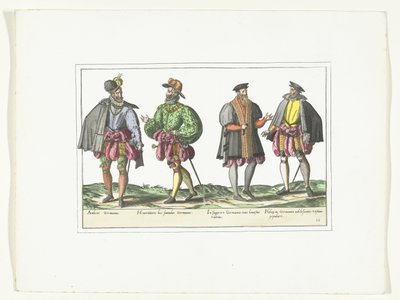 Fire mænd klædt i tysk mode, ca. 1580 Kostumer Allemands (titel på objekt) af Anonymous