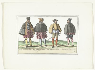 Fire mænd klædt i tysk mode, ca. 1580 Kostumer Allemands (titel på objekt) af Anonymous