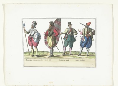 Fire soldater i uniformer efter mode i Holland og England, ca. 1580 Militærkostumer des Pays-Bas (titel på objekt) af Anonymous