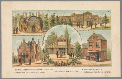 Fem pavilloner på verdensudstillingen i Amsterdam, 1883 1 Drikkehal på De Haan & De Sleutels bryggeriet. 2 Lucas Bols