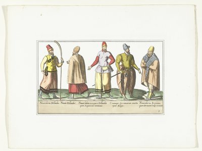 Fem sømænd klædt i mode fra Holland og Bretagne, ca. 1580 Kostumer marins (titel på objekt) af Anonymous
