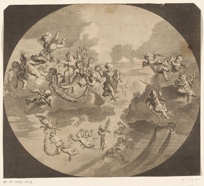 Flyvende putti med blomsterkranse af Anonymous