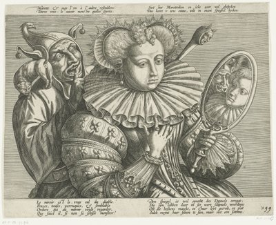 Kvinde med spejl og nar: tegneserie på den dyrebare stive ryg, ca. 1600 af Anonymous