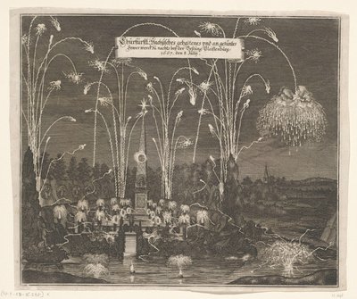 Fyrværkeri ved Pleißenburg, 8. juli 1667 Churfürstl: Sachsisches gehaltenes und an gezentes Færre werck zu nachts beij fæstningen Pleissenburg, 1667, den 8. juli (titel på objektet) af Anonymous