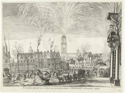 Vuurwerk; intocht van Ferdinand te Gent i 1635 (nr. 41) Rejs dig op, som du ser på den brændende ild på himlen Fernandis kærlighed antændes (titel på objekt) Et billede af nattens brande i Hippodromen og tårnet af Anonymous