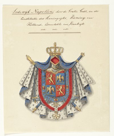Våbenskjold af Louis Napoleon Bonaparte, konge af Holland Louis Napoleon, ved Guds nåde og kongerigets forfatning, konge af Holland, Connectable af Frankrig (titel på objekt) af Anonymous
