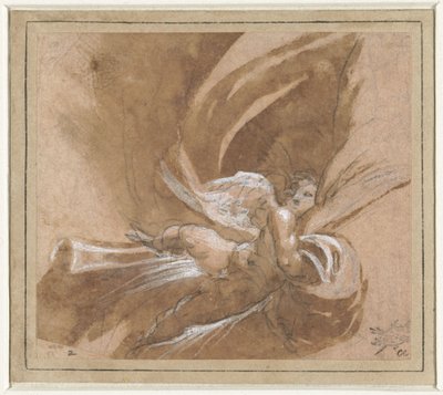 Flydende putto, der løfter et gardin af Anonymous