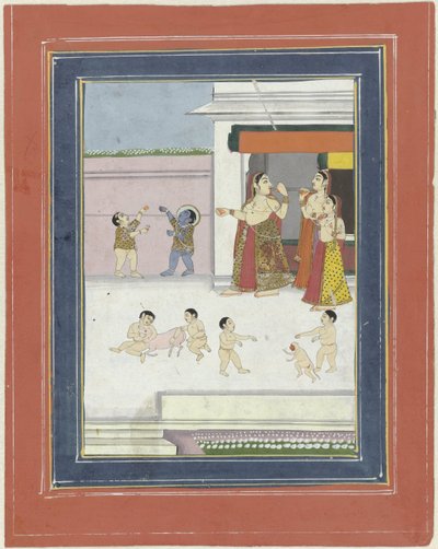 tre kvinder og børn leger med Krishna af Anonymous