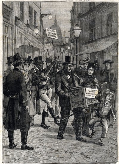 En tigger ved navn Viscount Hinton, en barbarisk orgelspiller i Londons gader, blev millionær efter sin far Lord Pouletts død, som lejede ham hans formue. Gravering. I "" Le Petite Parisien"", den 12/02/1899. Privat samling. af Anonymous Anonymous