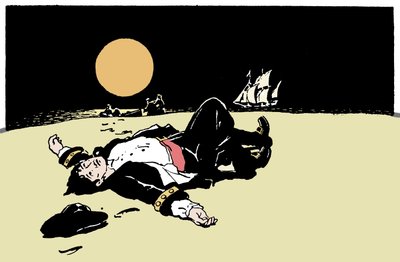 En kaptajn dræbt af pirater bliver forladt på en ø, piratskibet bevæger sig væk i horisonten Illustration fra "The Boys Books of Pirates"" 1913 af Anonymous Anonymous