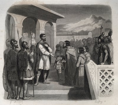 En deputation fra byen Clermont tilbyder bispeembedet til Saint Sidoine Apollinar (Caius Sollius Apollinaris Sidonius) politiker, eveque og gallo-romersk forfatter (430-486). Indgravering fra 1846 i ""De helliges liv"". Privat samling. af Anonymous Anonymous