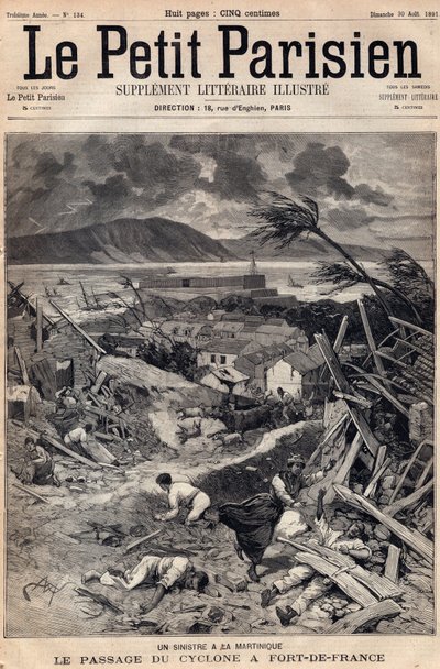 En katastrofe på Martinique: cyklonens passage ved Fort-de-France (Fort de France) i 1891. Indgravering i "" Le petit Parisien"" fra august 1891. Privat samling. af Anonymous Anonymous