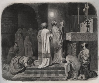 En globus af ild dukker op over SAINT MARTIN eveque de Tours (316-397), mens han arbejder. Indgravering fra 1846 i ""De helliges liv"". Privat samling. af Anonymous Anonymous