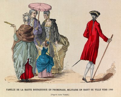 En højborgerlig familie gående og en soldat i bydragt i 1760 (kong Louis XVs regne) - privat samling af Anonymous Anonymous
