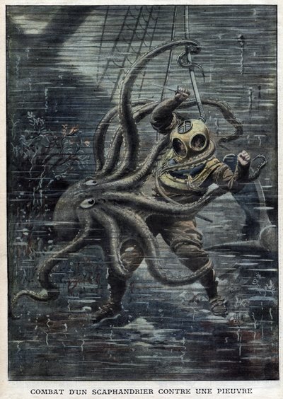 En kæmpe blæksprutte lykkes næsten med at overvinde den amerikanske dykker Martin Lund - En kæmpe blæksprutte angriber den amerikanske dykker Martin Lund - Battle of a Scaphandrier Against an Octopus - "" The Petity Journal" af Anonymous Anonymous