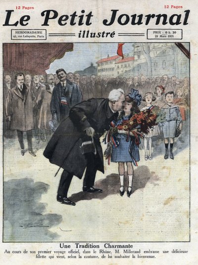 En lille pige tilbyder en buket i trefarvede farver til republikkens præsident Alexandre Millerand under en af hendes fordrivelser i Rhone. Illustration taget fra "" Le petit journal"" fra 27/03/1921. Privat samling af Anonymous Anonymous