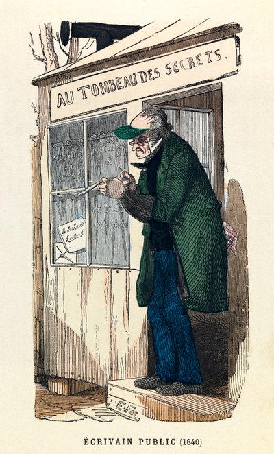 En offentlig forfatter i 1840 i Paris, gravering, privat samling - En offentlig forfatter i Paris af Anonymous Anonymous