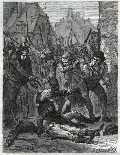 En scene i perioden med den franske revolution: Theobald de Dillon (1745-1792) og en åndsofficer ved navn Berthois, blev massakreret af soldaterne og folket i Lille, som anklagede dem for forræderi. Stik fra 1866 i “Histoire de la Revolution fr af Anonymous Anonymous