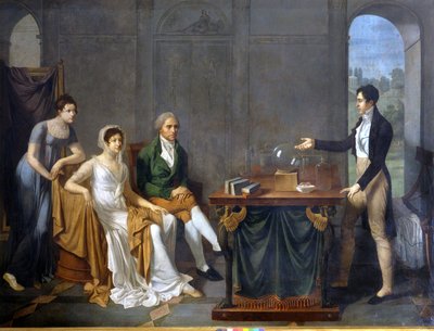 En videnskabsmand (sandsynligvis Alessandro (Alexandre) Volta) laver et videnskabeligt eksperiment foran Melzi Deril-familien. Anonymt maleri. . af Anonymous Anonymous