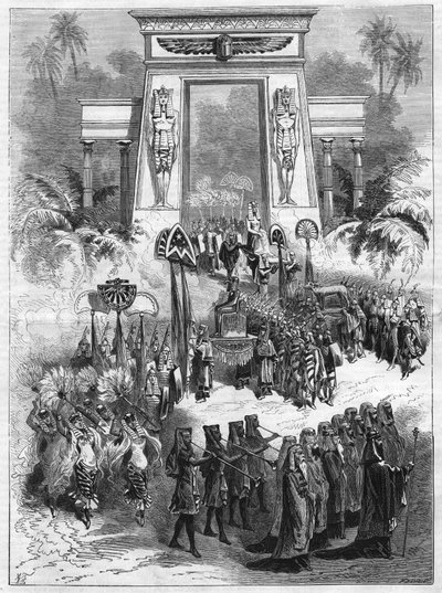Akt II af stykket, Aida. Stor opera i fire akter og syv malerier af Giuseppe Verdi (1813-1901) spiller på det italienske teater i Paris. Gravering i "" L