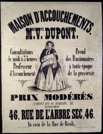 Annoncering for et fødehjem (barsel) i Paris i 1850. Madame Dupont, lave priser på 46 rue de l