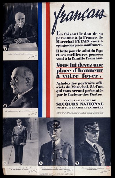 Reklameplakat for salg af portrætter af marskal Philippe Petain under Anden Verdenskrig og lovprisning af Petain (sælges til fordel for national nødhjælp til bekæmpelse af fattigdom) af Anonymous Anonymous