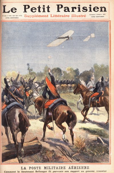 Luftmilitær post: hvordan løjtnant Georges Bellenger (1878-1977) sendte sin rapport til general Meunier, forsiden af ​​avisen "Le petit parisien" den 2/10/1910 (gravering) af Anonymous Anonymous