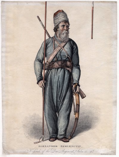 Alexander Zemlyanukhin, kosak fra Don-regimentet - Anonym - ca 1813 - Radering, akvarel - 34,3x25,3 - Privat samling af Anonymous Anonymous