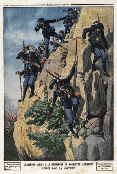 Alpejægere på udkig efter forsvundne tyske turister. De ønskede at tage til bjerget Nero (Helmet du Nero) i Chartreuse-massivet. Indgravering i "" Le Petite Journal"", den 7/07/1912. Privat samling. af Anonymous Anonymous