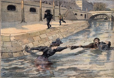 En genial redning: nær den Hellige Faders bro bliver en kvinde, der har fældet i noten, reddet af en mand, der hjalp en anden kvinde. Gravering fra avisen "" Le Petite Parisien"", 8/03/1908. Privat samling. af Anonymous Anonymous