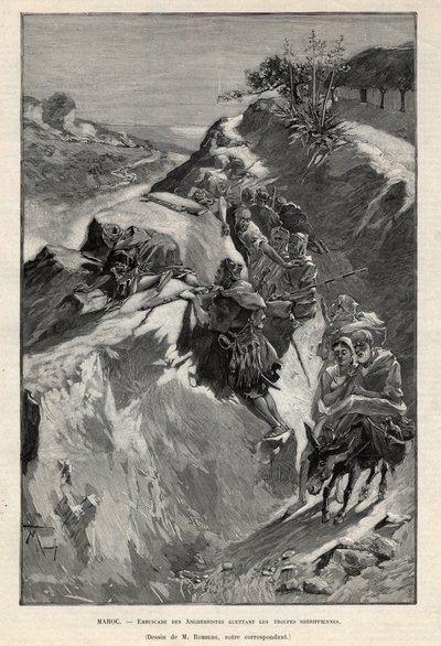 Andjera-bjergopstanden i Marokko: baghold af angherrister, der venter på sheriffiske tropper. Stik i “Le monde illustree”” fra 1892. Privat samling. af Anonymous Anonymous