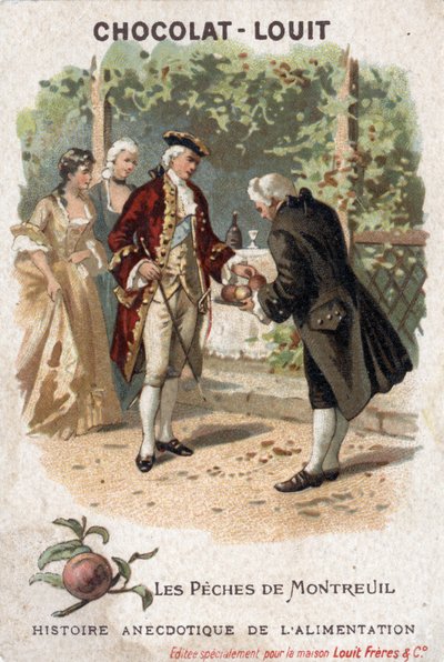 Madens anekdotisk historie: Montreuils fiskeri. Dem repræsenteret her er i virkeligheden Espalier fiskeriet i Bagnolet. Kongen af Frankrig Ludvig XV kommer med sit hof for at spise fersknerne dyrket af Monsieur Edmee de Girardot. Chokolade-Louit chromol af Anonymous Anonymous
