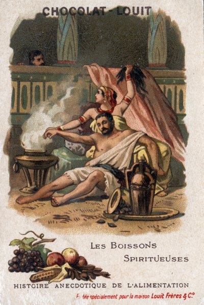 Anekdotisk historie om mad: spiritus (fermenterede drikkevarer). Samson, under indflydelse af Dalilas likører, lader sig klippe sit hår og mister sin styrke. Chokolade-Louit kromolitografi, slutningen af det 19. århundrede. Privat samling. af Anonymous Anonymous