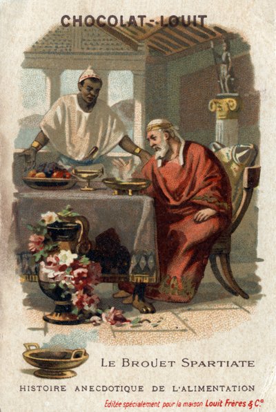 Madens anekdotisk historie: den spartanske gravbør. Denys den Ældre (431-367 f.Kr.), tyran fra Syracusa afskyede barven, da han smagte den. Kokken svarede, at han ikke måtte være sulten nok til at værdsætte det. Chokolade-Louit kromolitografi, slutningen a af Anonymous Anonymous