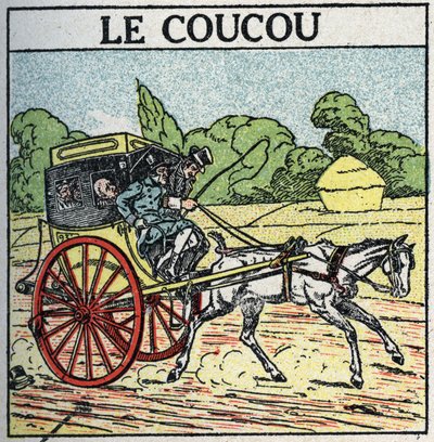 Dyretræk: gøg, offentlig transport brugt i Frankrig fra midten af 1700-tallet til midten af 1800-tallet, også kaldet "kammerpotte". Anonym illustration fra 1925. Privat samling. af Anonymous Anonymous