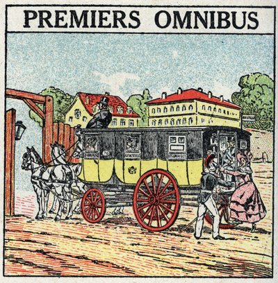 Dyretræk: første omnibus dukkede op i Frankrig under Charles X (1824-1830). Anonym illustration fra 1925. Privat samling. af Anonymous Anonymous