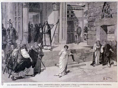 Antigone dømt til døden. Scene fra stykket Antigine, med musik af Camille Saint-Saens, opført i Paris af Anonymous Anonymous