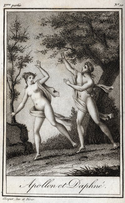 Apollo og Daphne. Nymfen Daphne bliver til en laurbær for at undslippe Apollo. Stik fra 1819 i "Lettres a Emilie sur la mythologie" af Charles Albert Demoustier (1760-1801). Privat samling. af Anonymous Anonymous