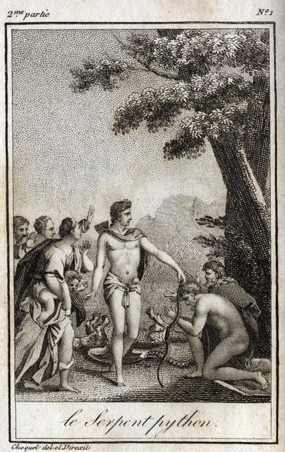 Apollo og Python-slangen på Mount Parnassus. Stik fra 1819 i "Lettres a Emilie sur la mythologie" af Charles Albert Demoustier (1760-1801). Privat samling. af Anonymous Anonymous