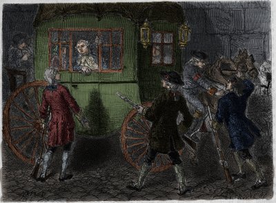 Arrestation af Ludvig XVI (1754-1793) og hans flygtende familie i Varennes den 21. juni 1791. Stik fra 1866 i "Histoire de la Revolution francaise"" af Adolphe Thiers. . af Anonymous Anonymous